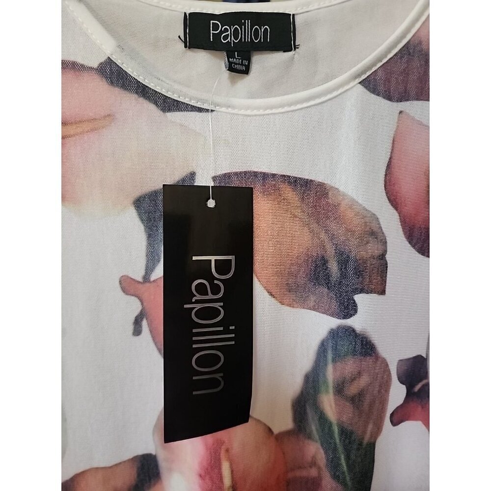 papillon white floral sleeveless dress women's Large NWT CR50 Excellent New - Picture 2 of 5